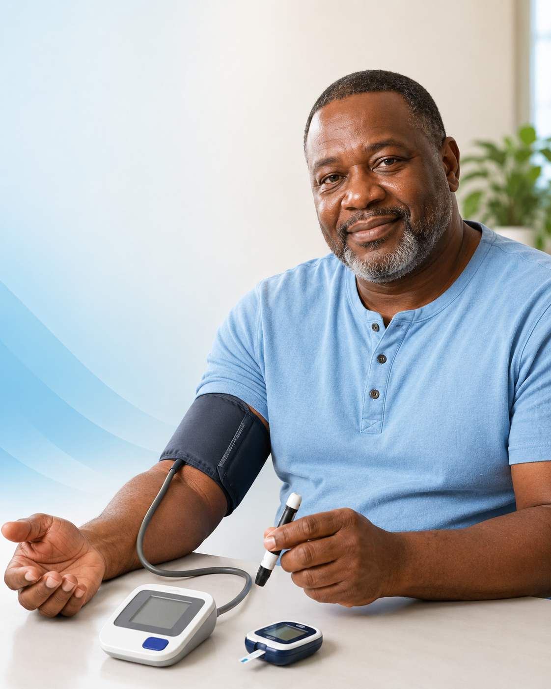 Yon mesye ki chita ap tcheke tansyon l ak sik li lakay li. A man seated at home, checking his blood pressure and blood sugar.